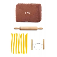 Kahve Çamur Kırmızı Kil Seramik Hamuru 1 kg Plastik Ebeşuar Seti Ahşap Merdane Çamur Kesme Teli
