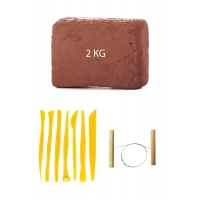 Kahve Çamur Kırmızı Kil Seramik Hamuru 2 kg Plastik Ebeşuar Seti 7 Parça Çamur Kesme Teli