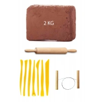 Kahve Çamur Kırmızı Kil Seramik Hamuru 2 kg Plastik Ebeşuar Seti Ahşap Merdane Çamur Kesme Teli