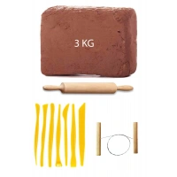 Kahve Çamur Kırmızı Kil Seramik Hamuru 3 kg Plastik Ebeşuar Seti Ahşap Merdane Çamur Kesme Teli