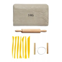 Beyaz Seramik Hamuru 3 kg Plastik Ebeşuar Seti Kil Seti Seramik Kili Ahşap Merdane Çamur Kesme Teli