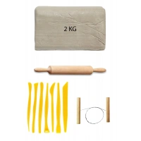 Beyaz Seramik Hamuru 2 kg Plastik Ebeşuar Seti Kil Seti Seramik Kili Ahşap Merdane Çamur Kesme Teli