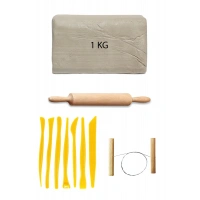 Beyaz Seramik Hamuru 1 kg Plastik Ebeşuar Seti Kil Seti Seramik Kili Ahşap Merdane Çamur Kesme Teli