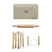 Beyaz Seramik Hamuru 1 kg Ebeşuar Seti Kil Seti Seramik Çamuru Seti Ahşap Merdane Çamur Kesme Teli