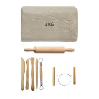 Beyaz Seramik Hamuru 3 kg Ebeşuar Seti Kil Seti Seramik Çamuru Seti Ahşap Merdane Çamur Kesme Teli