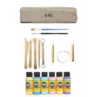 Beyaz Seramik Hamuru 6 kg Kil Ebeşuar Seti 6x 60 cc Pastel Akrilik Set Çamur Kesme Teli Kil Seti