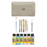 Beyaz Seramik Hamuru 3 kg Kil Ebeşuar Seti 5 Parça 6x60 cc Akrilik Boya Seti Pastel Renkler