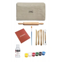 Beyaz Seramik Hamuru 3 Kg Kil Ebeşuar Seti 6x15 ml Akrilik Set 100 ml Vernik Ahşap Merdane Zımpara