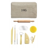 Beyaz Seramik Hamuru 3 kg Seramik Başlangıç Seti 8 Parça Mini Ahşap Merdane
