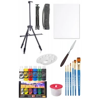 Akrilik Boya Seti 6 Ana Renk 70 cc 3 Ayaklı Metal Şövale 35x50 Tuval Metal Spatula Seti