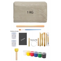 Beyaz Seramik Hamuru 1 Kg Kil Ebeşuar Seti Akrilik Boya Su Bazlı Vernik Ahşap Merdane Zımpara