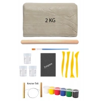 Beyaz Seramik Hamuru 2 Kg Kil Ebeşuar Seti Akrilik Boya Su Bazlı Vernik Ahşap Düz Merdane Zımpara