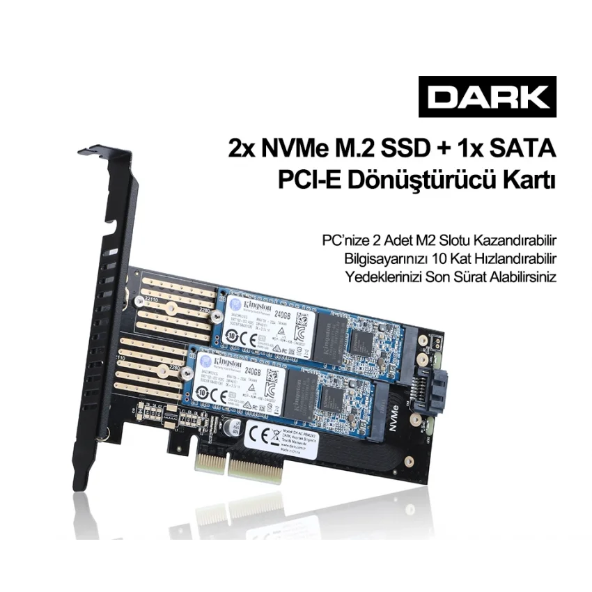 Dark 1xSATA + 2xNVMe M.2 SSD PCI-E Dönüştürücü Kartı - DK-AC-PEM2X2