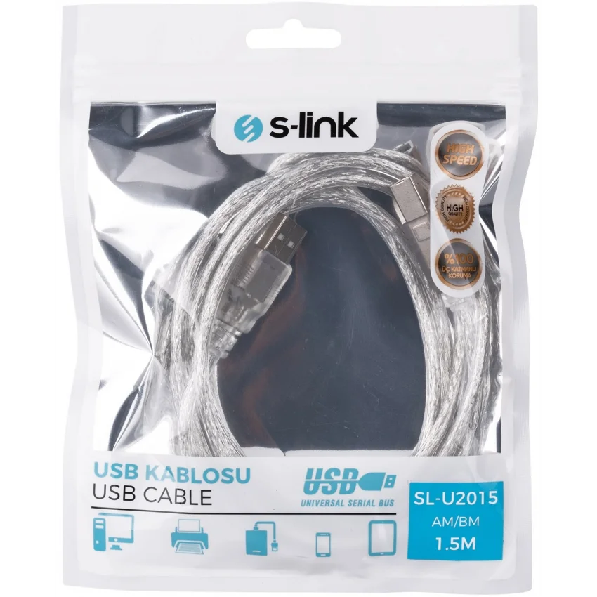 S-link SL-U2015 USB 2.0 1.5m Şeffaf Yazıcı Kablosu