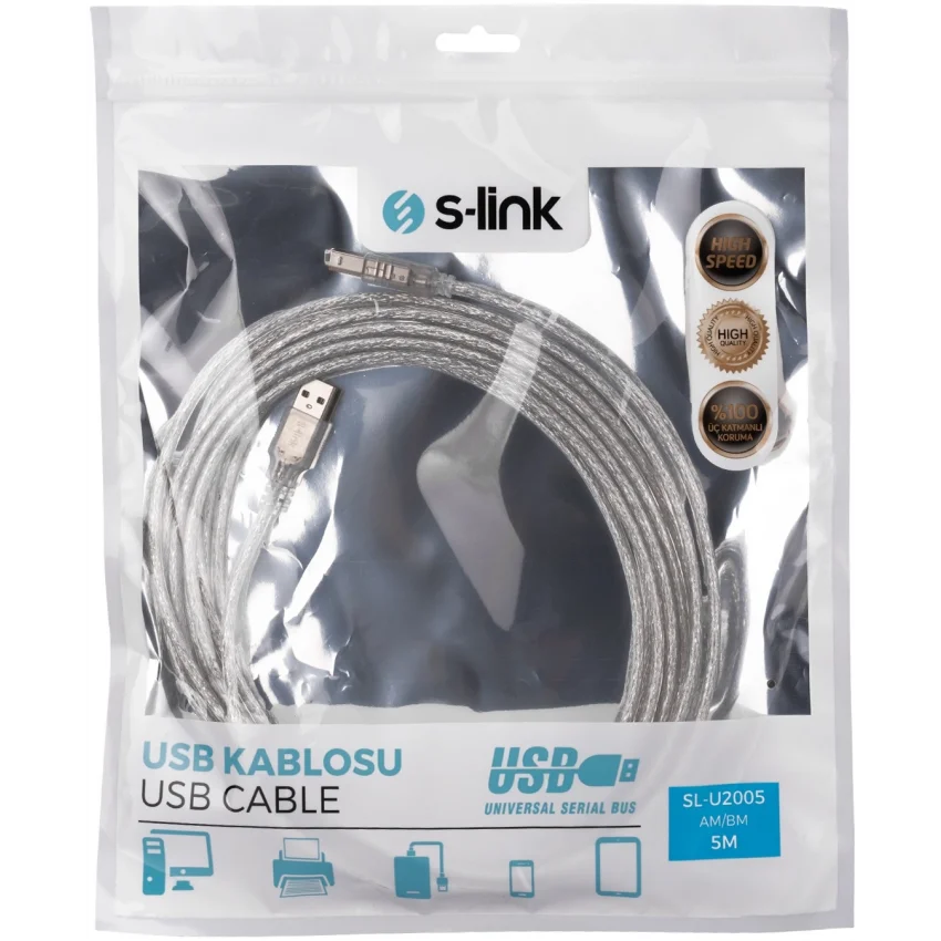 S-link SL-U2005 USB 2.0 5m Şeffaf Yazıcı Kablosu