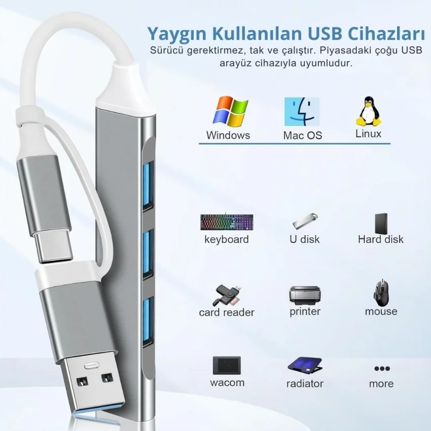 Alfais 6033 Usb 3.0 Type C Hub 4 Port Çoklayıcı Çoğaltıcı Çevirici Dönüştürücü Adaptör