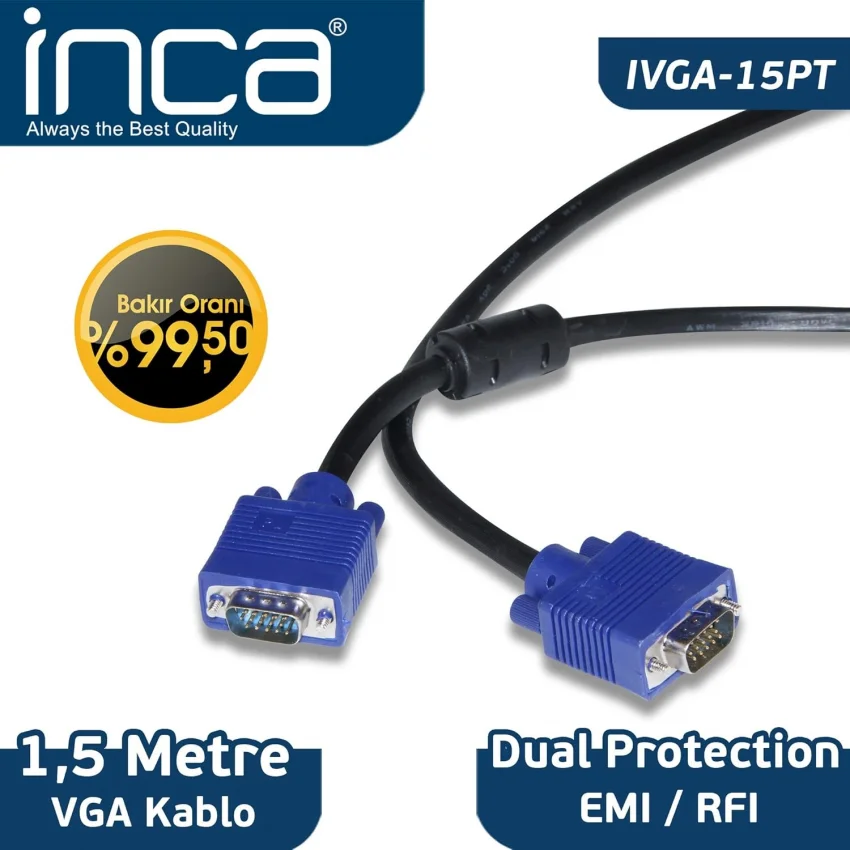 Inca Vga Kablo 1.5 Metre Çift Filtreli Bakır | IVGA-15PT