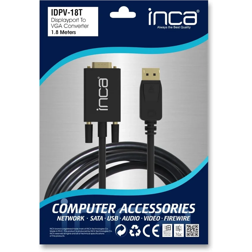 Inca DisplayPort to Vga Kablo 1.8 Metre Altın Uçlu | IDPV-18T