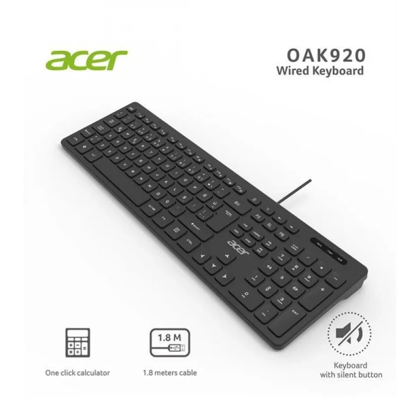 Acer Kablolu Klavye Sessiz Q USB Siyah 1.8m | OAK920