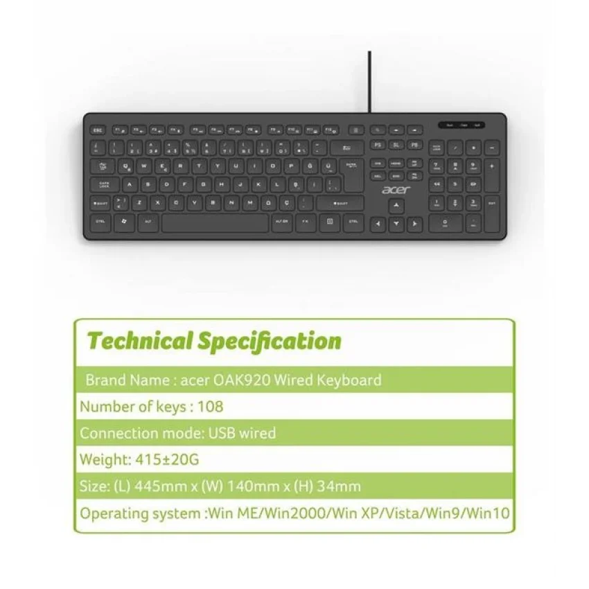 Acer Kablolu Klavye Sessiz Q USB Siyah 1.8m | OAK920