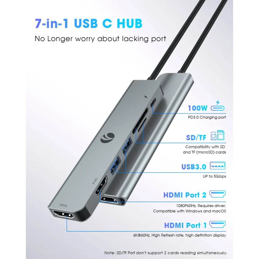 VCOM Çift HDMI USB-C Docking Station 7 in 1 4K 60Hz PD | CUE39
