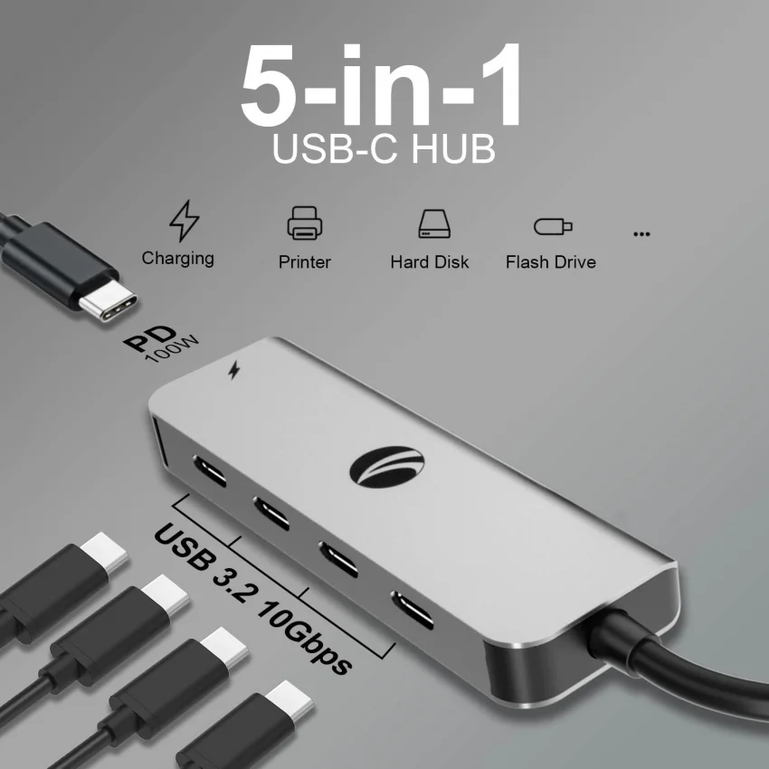 VCOM 5 in 1 Type-C Hub Çoklayıcı Mavi 4 Port 10Gbps PD 100W | CUE11S