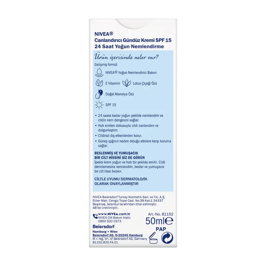Nivea Essentials Canlandırıcı Gündüz Yüz Bakım Kremi SPF 15, Normal Ciltler, E Vitamini, Lotus Çiçeği, Doğal Manolya Özü, 50 ml