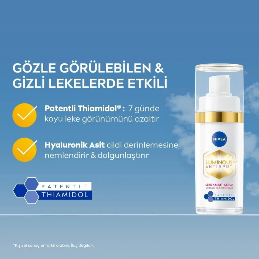 Nivea Luminous630 Thiamidol Etkili Leke Karşıtı Cilt Serumu 30ml, Hyaluronik Asit, Cilt Tonu Eşitleyici, Aydınlatıcı