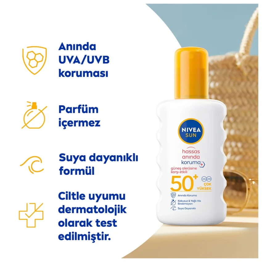 Nivea Sun SPF 50 Anında Koruma Vücut Güneş Spreyi 200ml, Güneş Alerjisine Karşı Etki, Hassas Cilt, UVA UVB