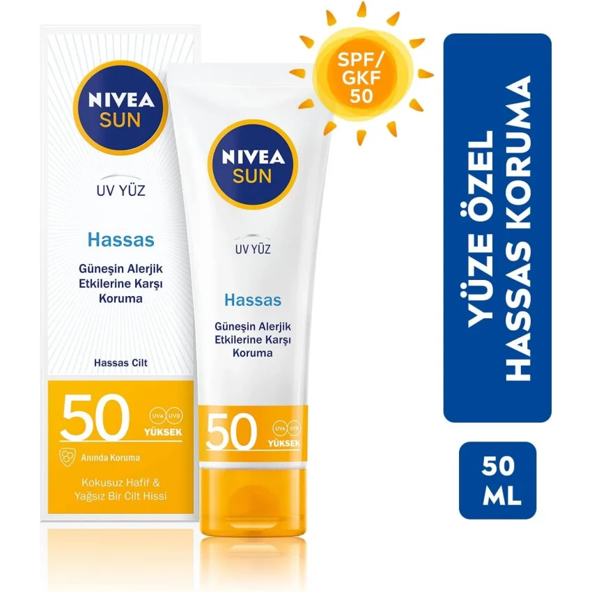 NIVEA Sun SPF 50 Hassas Yatıştıran Nemlendirici Güneş Yüz Kremi, Güneş Alerjisine Karşı, 50 ml
