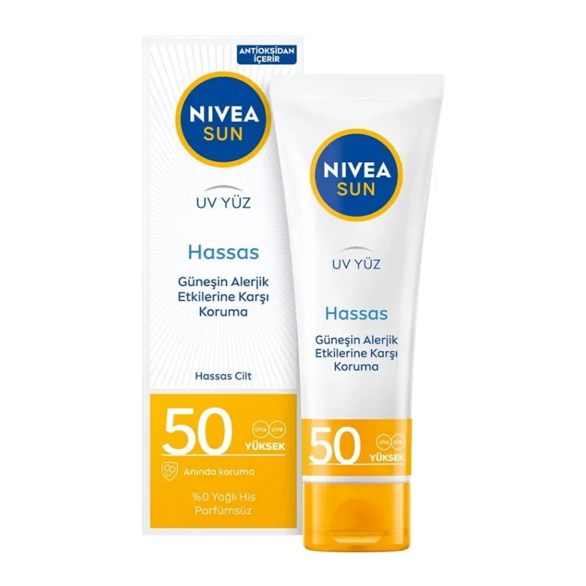 NIVEA Sun SPF 50 Hassas Yatıştıran Nemlendirici Güneş Yüz Kremi, Güneş Alerjisine Karşı, 50 ml