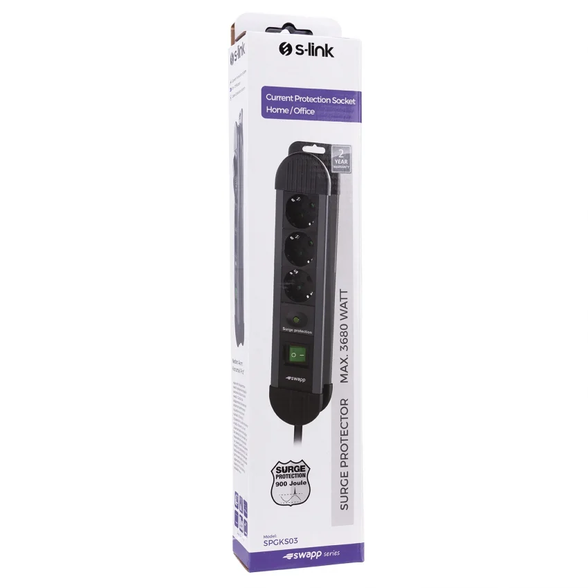 S-link 3lü Akım Korumalı Priz 900 Joule 1.5m 3G1.5mm2 Gri | SPGKS03