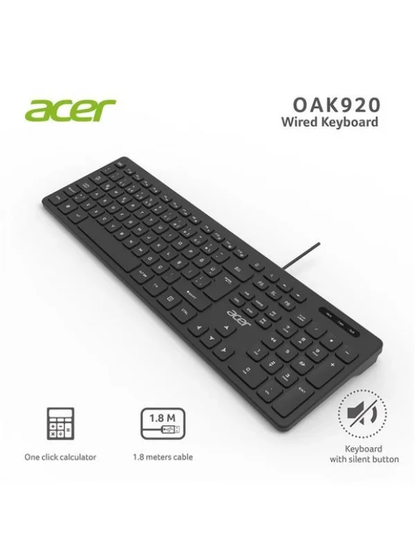 Acer Kablolu Klavye Sessiz Q USB Siyah 1.8m | OAK920