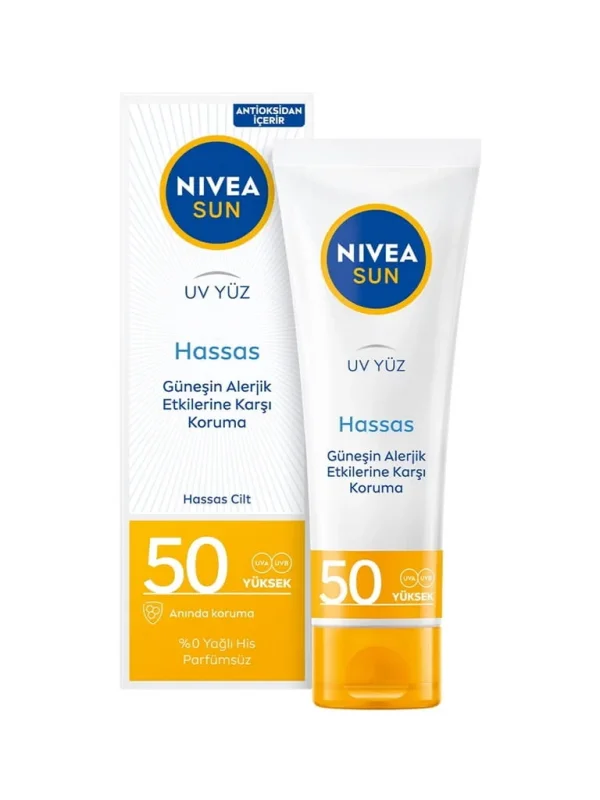 NIVEA Sun SPF 50 Hassas Yatıştıran Nemlendirici Güneş Yüz Kremi, Güneş Alerjisine Karşı, 50 ml