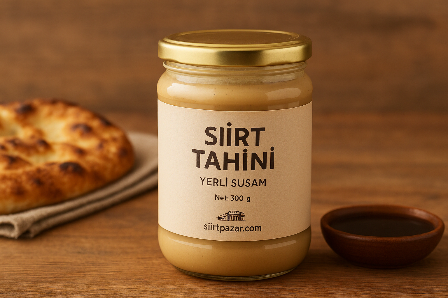 Siirt tahini kavanozu, sıcak pide ve pekmez ile kahvaltı tablosu