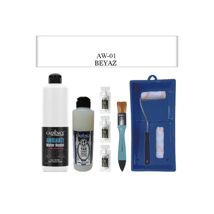 Cadence Boya Fayans Tezgah B-Ambiente Islak Zemin Aw-01 Beyaz 500Ml Katalizör 30Gr Taş Vernik 250 Saten Rulo Set
