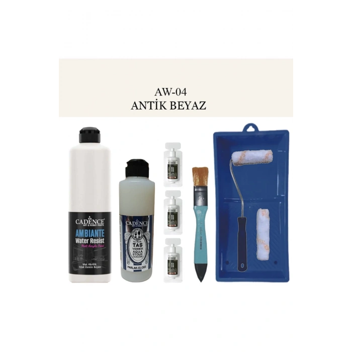 Cadence Boya Fayans Tezgah B-Ambiente Islak Zemin Aw-04 AntikBeyaz 500Ml Katalizör 30Gr Taş Vernik 250 Saten Rulo Set