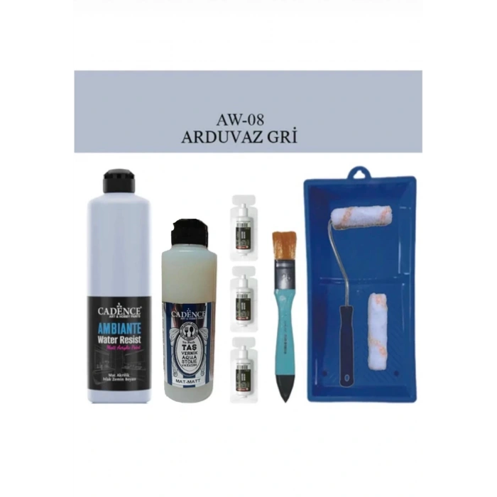 Cadence Boya Fayans Tezgah B-Ambiente Islak Zemin Aw-08 Ard.Gri 500Ml Katalizör 30Gr MAT Taş Vernik 250 Saten Rulo Set