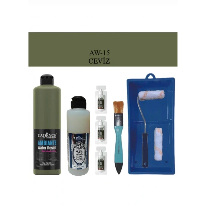 Cadence Boya Fayans Tezgah B-Ambiente Islak Zemin Aw-15 Ceviz 500Ml Katalizör 30Gr MAT Taş Vernik 250 Saten Rulo Set