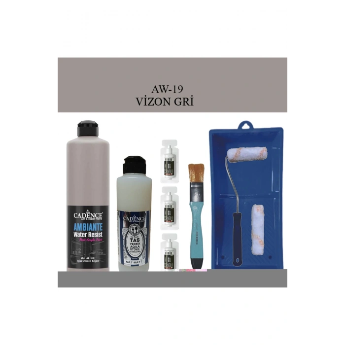 Cadence Boya Fayans Tezgah B-Ambiente Islak Zemin Aw-19 VizonGri 500Ml Katalizör 30Gr MAT Taş Vernik 250 Saten Rulo Set