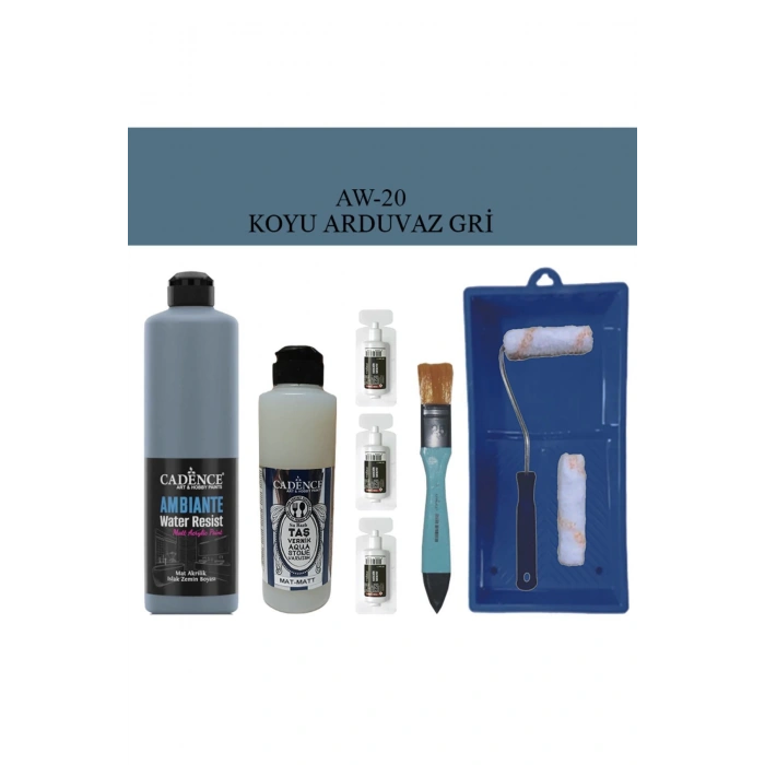 Cadence Boya Fayans Tezgah B-Ambiente Islak Zemin Aw-20 KoyuArd Gri 500Ml Katalizör 30Gr MAT Taş Vernik 250 Saten Rulo Set
