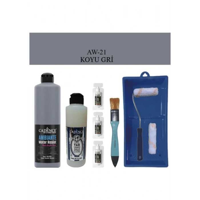 Cadence Boya Fayans Tezgah B-Ambiente Islak Zemin Aw-21 Koyu Gri 500Ml Katalizör 30Gr Taş Vernik 250 Saten Rulo Set