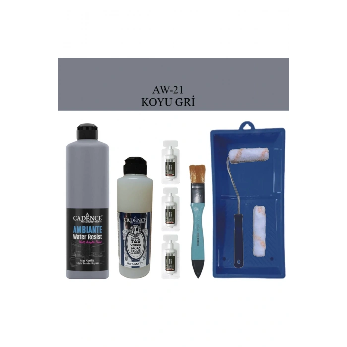 Cadence Boya Fayans Tezgah B-Ambiente Islak Zemin Aw-21 Koyu Gri 500Ml Katalizör 30Gr MAT Taş Vernik 250 Saten Rulo Set