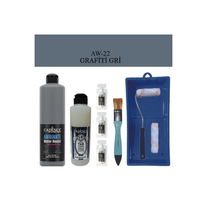 Cadence Boya Fayans Tezgah B-Ambiente Islak Zemin Aw-22 Grafiti Gri 500Ml Katalizör 30Gr Taş Vernik 250 Saten Rulo Set
