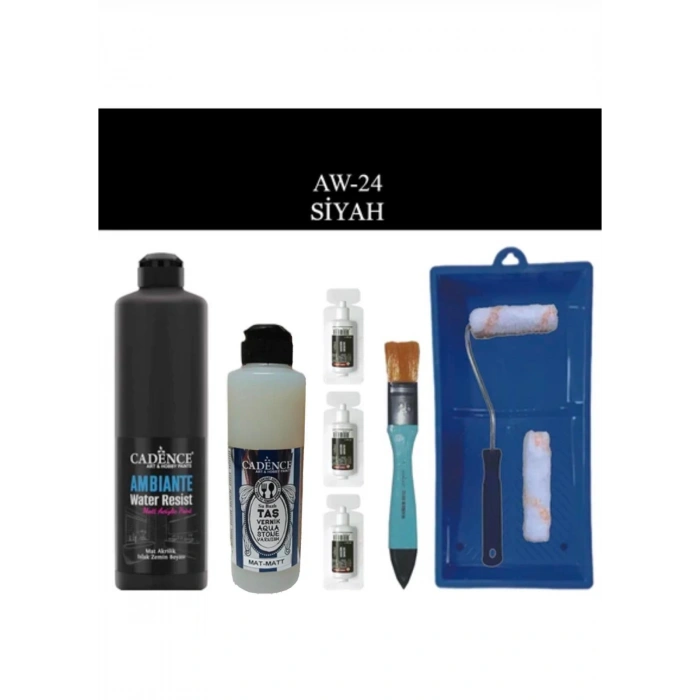Cadence Boya Fayans Tezgah B-Ambiente Islak Zemin Aw-24 Siyah 500Ml Katalizör 30Gr MAT Taş Vernik 250 Saten Rulo Set