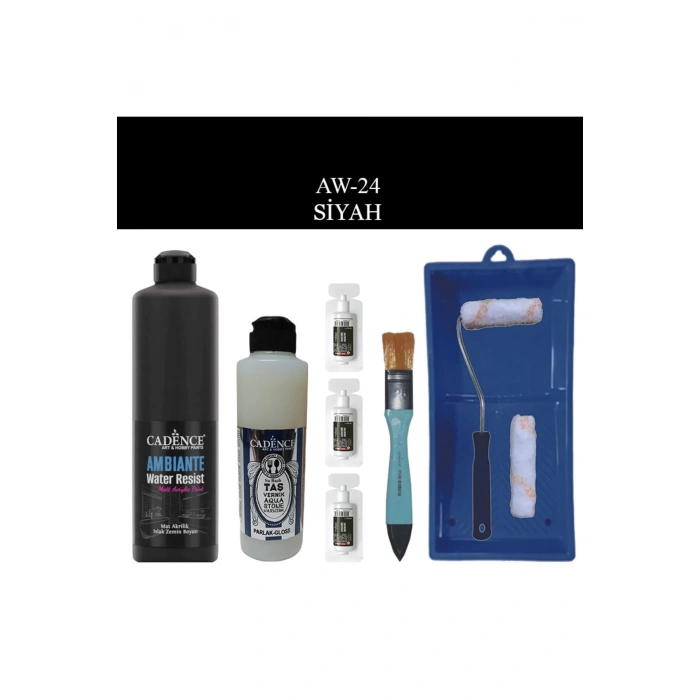 Cadence Boya Fayans Tezgah B-Ambiente Islak Zemin Aw-24 Siyah 500Ml Katalizör 30Gr Taş Vernik 250 Saten Rulo Set