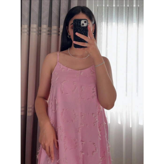 Askılı Püskül Detay Pembe Elbise