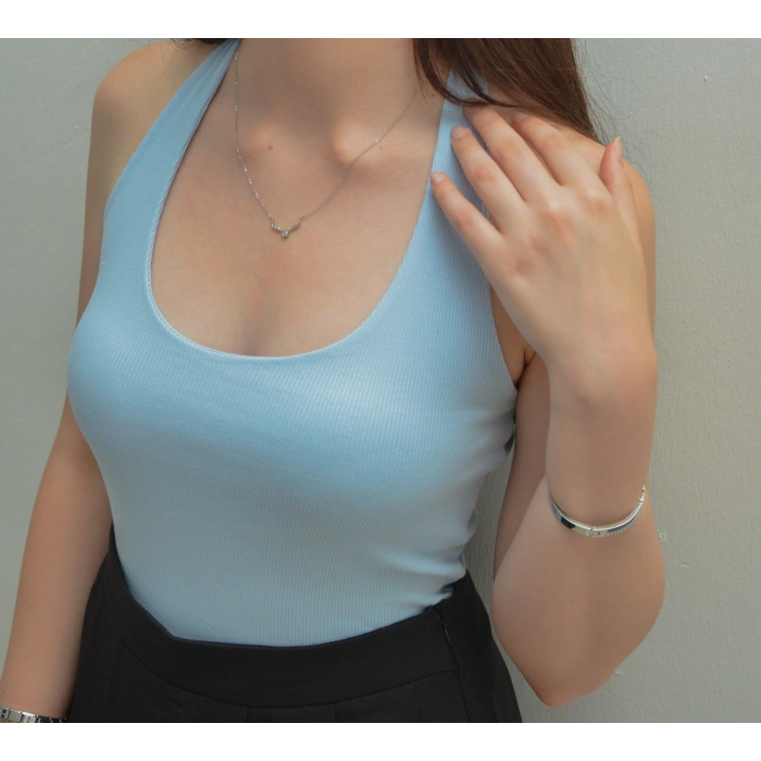 Boyundan Bağlamalı Mavi Triko Bluz