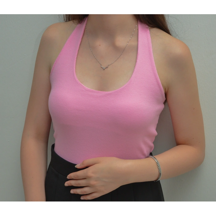 Boyundan Bağlamalı Pembe Triko Bluz