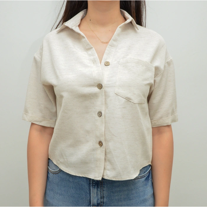 Keten Görünümlü Krem Crop Gömlek